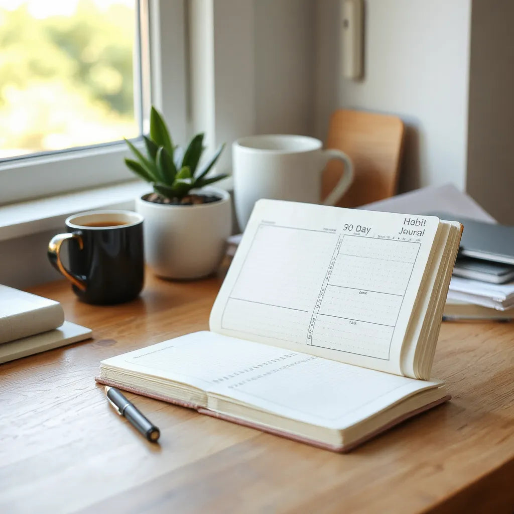 Open habit journal with a pen on a tidy desk in natural morning light