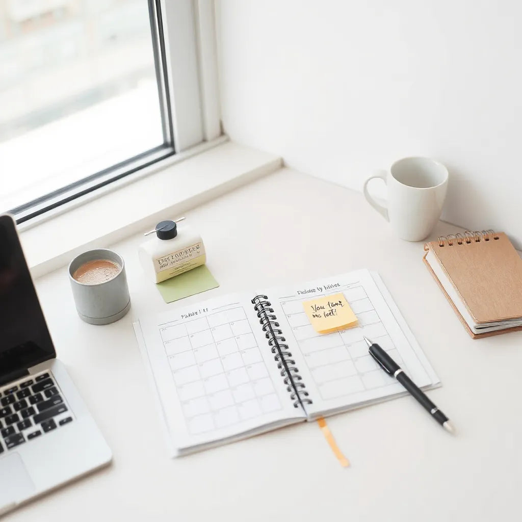 Neatly arranged habit planner and booklet with pen on a desk under soft natural light